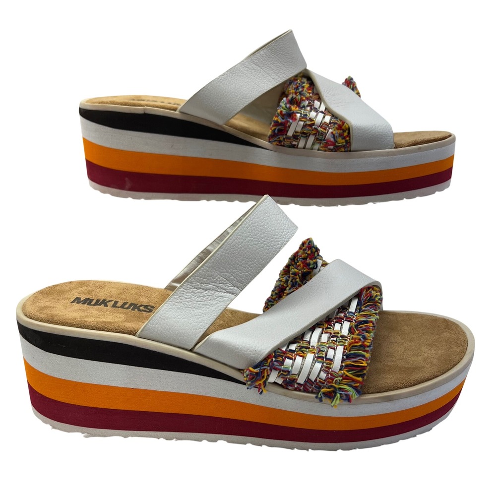MUK LUKS Womens White Multi Fringe Striped Platform Wedge Slide Sandals Size 8